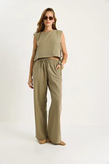 Bianco Lucci Women's Padded Side Tie Blouse with Elastic Waist Loose Trousers Linen Suit 9389 60281084
