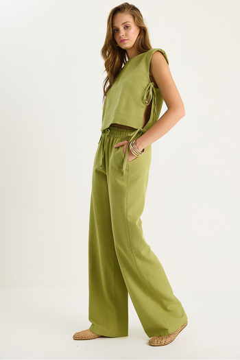 Bianco Lucci Women's Padded Side Tie Blouse with Elastic Waist Loose Trousers Linen Suit 9389 60281084
