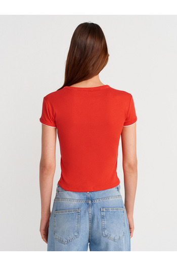 Dilvin 31750 Contrast Short Sleeve Tshirt-Red