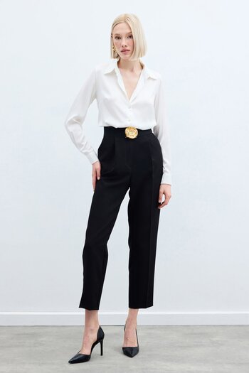 Sateen High Waist Classic Trousers - Black
