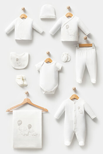 Bebitof Cute Balloon Elephant Patterned 10 Piece Boxed Newborn Hospital Release Bodysuit Set