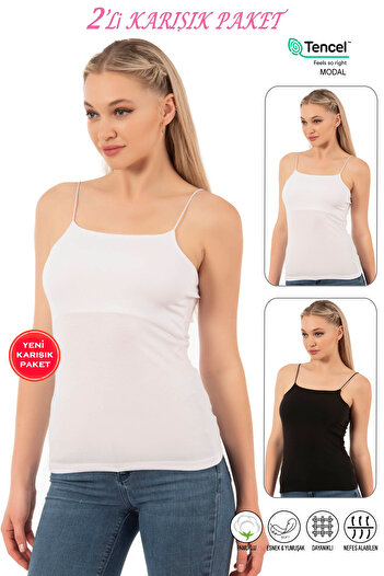 ÖZKAN underwear Özkan 27042 Women's 2-Pack Cotton Modal Black White Mixed Color Flexible Comfortable Thin Spaghetti Strap