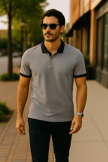 LACİVERTMEN Navy Blue 2988-1 Cotton Polo Neck Regular Fit T-Shirt with Collar and Cuff Detail