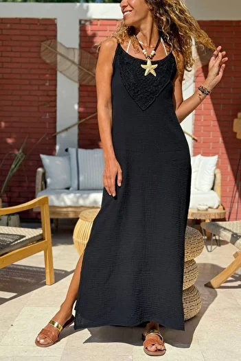 Güneşkızı Black Strap Slit Brodeed Muslin Loose Woven Dress 130 50