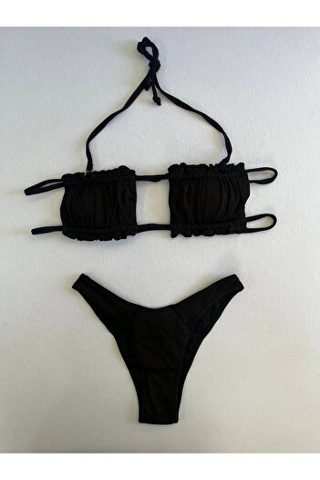 hazelin Women's Black String Tie-Up Gathered Strapless Bikini Suit Hzl25S-Lc2226