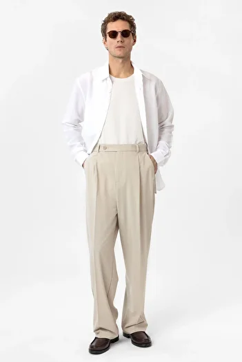 Antioch Beige Baggy High Waist Men's Fabric Trousers