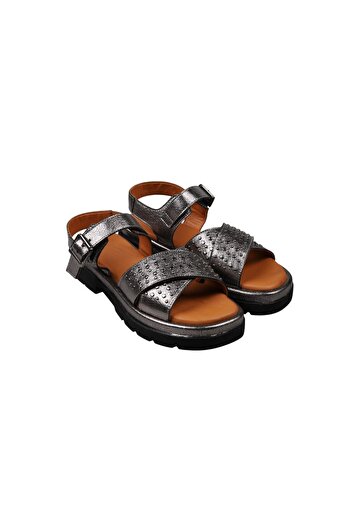Lady Mia Bloomy Genuine Leather Cross Detailed Women's Sandals