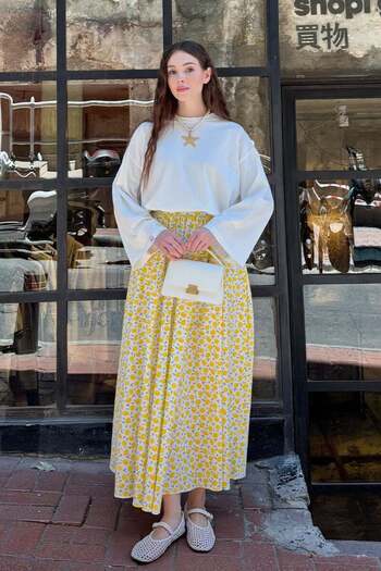 Ceylan Otantik Ecru Body & Lemon Patterned Balloon Skirt Set