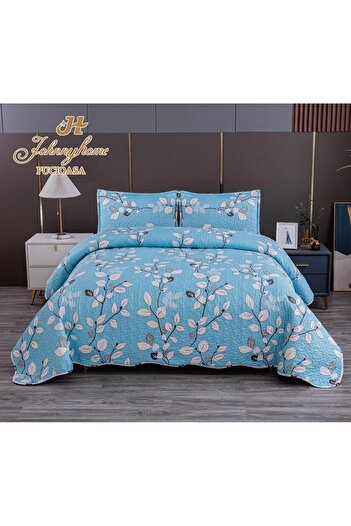 FIONNA.RO 2-Sided Quilted Cotton Blanket - Blue With Leaves