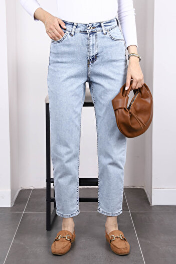İmajButik Açık Mavi Yüksek Bel Mom Jeans Pantolon
