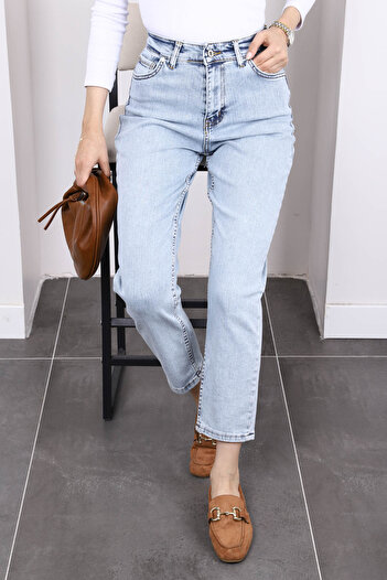 İmajButik Açık Mavi Yüksek Bel Mom Jeans Pantolon