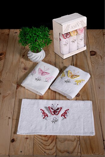 asev tekstil 30X50 cm Guipure Butterfly Embroidered 3-Piece Kitchen Towel |   Hand Towel |   Face Towel Set