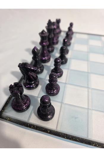 Finecraft Handmade Epoxy Resin Chessboard – Semi-Transparent Blue/Black Border with Gold Foil