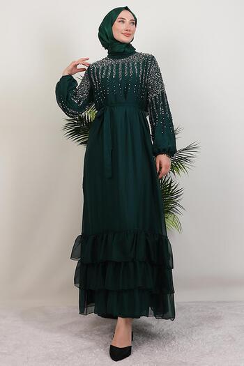 GİYZAMİLA Suna Pearl Chiffon Dress Emerald