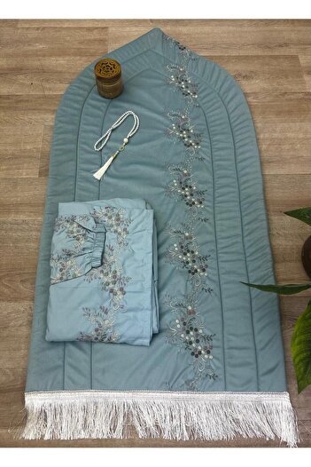 smart home Prayer set consisting of an embroidered padded sponge rug, a prayer sheet, excellent soft, cool material for comfort, an incense burner, and a prayer beads.