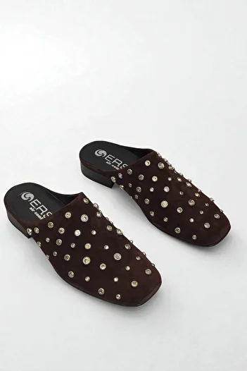 ERS Air Comfort Women's Stone Detailed Brown Genuine Suede Leather Sabo Slippers - Comfortable and Stylish Design