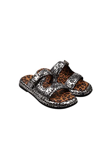 Lady Mia Noya Genuine Leather Buckle Stone Detailed Women's Slippers