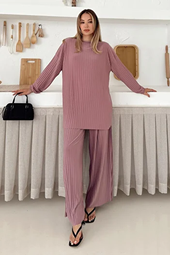 Olcay Sandy Fabric Pleated Tunic Παντελόνι Διπλό Σετ PUDRA 9361-TK