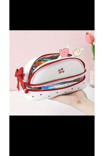 EMKSHOP Heart Printed Faux Leather Wide Pencil Case Multi-Compartment Luxury Pencil Case
