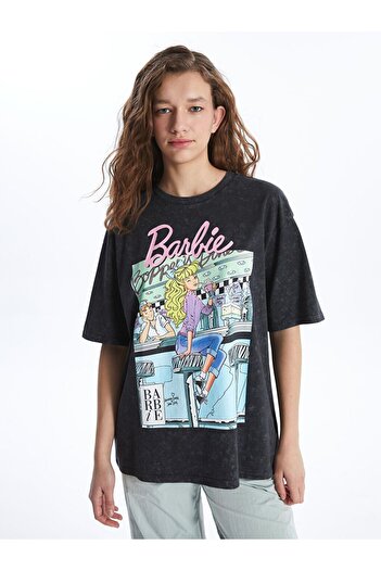 LC Waikiki Anthracite Crew Neck Barbie εμπριμέ κοντομάνικο γυναικείο μπλουζάκι μεγάλου μεγέθους
