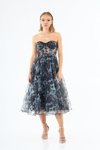 Carmen Women's Printed Strapless Midi Evening Dress 58036 Black