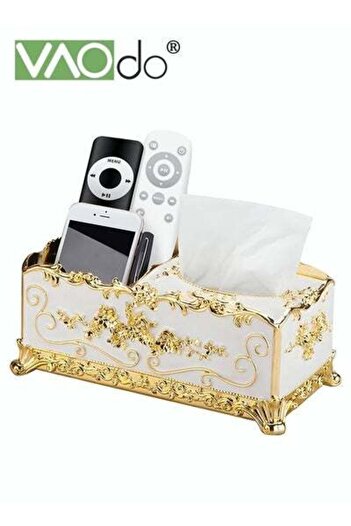 VAODO Tissue Box Holder with Storage Function Golden Embossed Design Large Capacity Storage Tissue Box