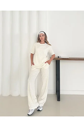 badibadii Women's Thick Diamond Pearl Blouse Elastic Waist Pants Modal Suit 3089 60283231