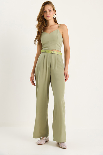 Bianco Lucci Women's Thin Strap Gipe Detailed Crop Blouse Belted Pocket Loose Pants Set 9379 60281104