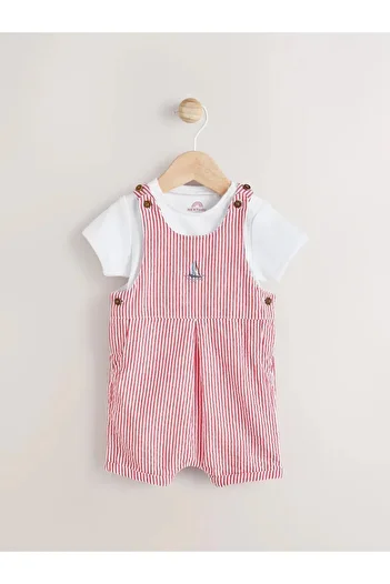 Next Baby 100% Cotton Red Boat Patterned Short Sleeve Salopet Bodysuit Set