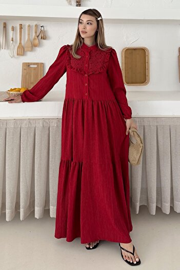 Olcay Lined Dress with Ruffle and Guipure Detail on the Front Red 9322-E