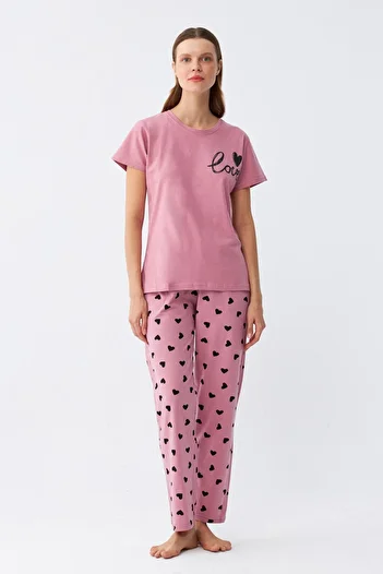 Akbeniz Women's Salmon Heart Pattern Short Sleeve Combed Cotton Pajamas Set
