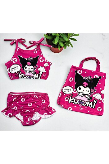 MİLAYS LİFE HOME COLLECTİON Girl's Character Printed Skirt with Ruffles - Rope Tie Bag Swimsuit Bikini 3 Piece Set