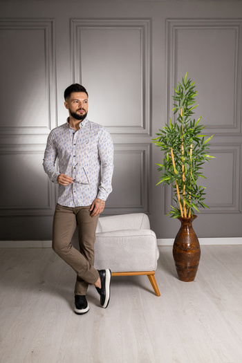Sarar İnterview Sarar Goias Yaka Düğmeli Desenli Slim Fit Bej Mavi Gömlek