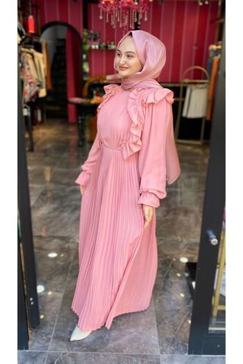 PRENSES ŞAL PEMBE PİLİSELİ ELBİSE