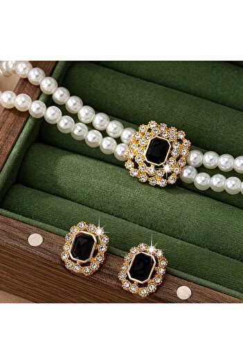 Takıtolia Elegant - Luxury Black Stone Double Row Pearl Gift Special Occasion Stylish Pearl Necklace and Earrings Jewelry Set