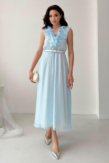 Serica Moda Rochie albastră din tul căptușită cu centură și guler cu volane