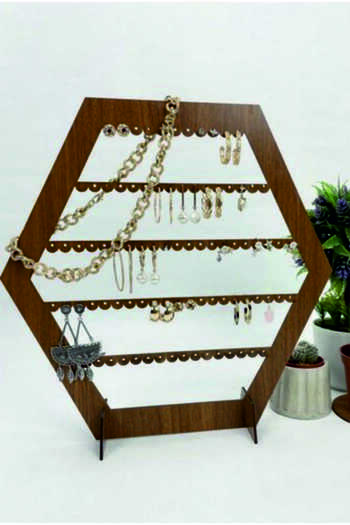 HAYALHANE AHŞAP Jewelry Earring Stand Hexagon Laser Cut Wooden Stand