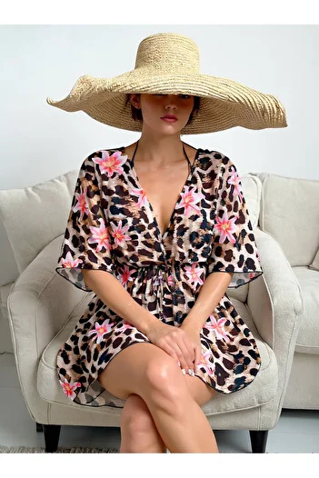 BELLA NOTTE Leopard Printed Lace Detailed Pareo Beach Dress