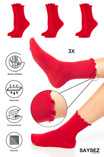 SAYSEZ Bamboo Women's Elasticless Red Ruffled Socket Seamless Socks 3 Pack / No Trace / No Tightening Socks