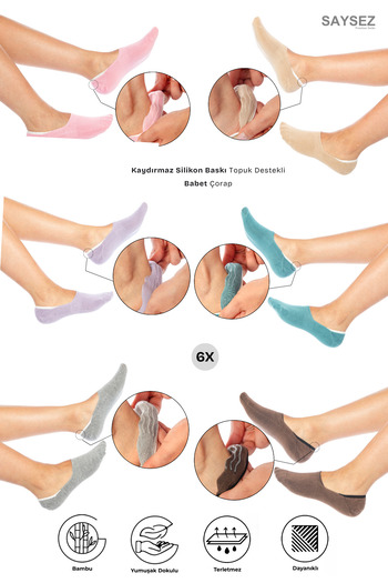 SAYSEZ Bamboo Women's Ballerina Multicolor Socks Seamless Invisible Non-Slip Heel Silicone Premium Pack of 6