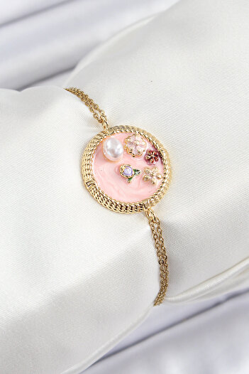 Clariss 316L Steel Chain Pink Enamel Artistic Portrait Pearl Detailed Flower Model Gold Color Women's Bracelet