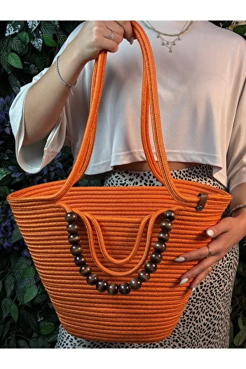 MaVaux Fiona Stylish Straw Shoulder Bag with Natural Wooden Bead Detail
