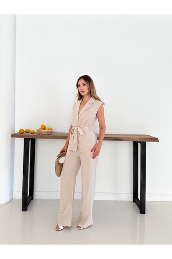 OTAKU Women's Sleeveless Linen Suit Belted Vest Wide Leg Pants
