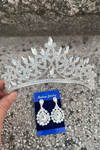 Hobigram Grace Silver Bridal Crown and Drop Shuttle Earring Set – Wedding Evening Dress Accessory with Stones