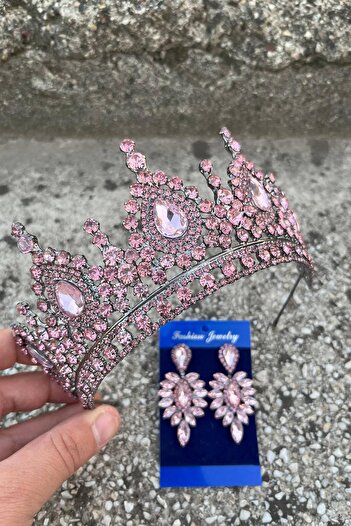 Hobigram Eveline Pink Crown Thin Shuttle Earring Set – Henna Engagement Wedding Evening Dress Accessory Set