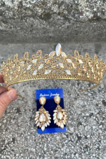 Hobigram Σετ σκουλαρίκια Amara Gold Crown και Wide Shuttle – Σετ νυφικού φορέματος με λάμψη