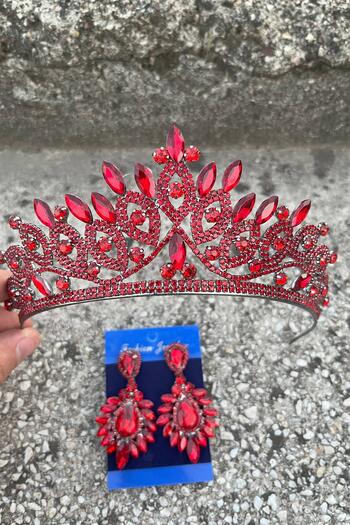 Hobigram Grace Red Bridal Crown and Wide Shuttle Earrings Set – Wedding Evening Dress Accessory with Stones