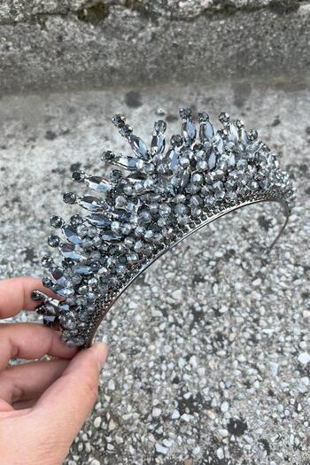 Hobigram Daisy Stone Bridal Tiara – Anthracite Henna Wedding Crown Model, Shiny Hair Accessory