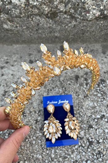 Hobigram Thalia Crown Wide Shuttle Earring Set Gold – Sparkling Evening Dress Accessory with Stones for Bridal Henna Wedding
