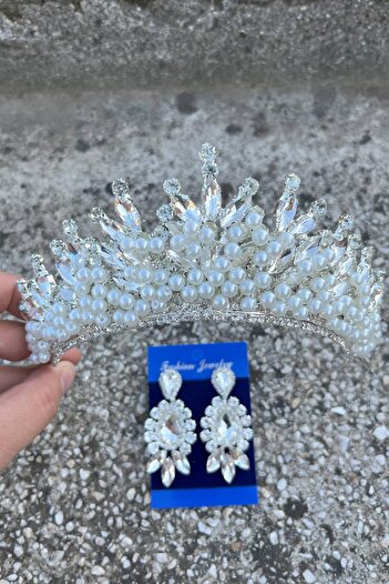 Hobigram Daisy Cream Pearl Crown and Three Shuttle Earrings Set – Sparkling Evening Dress Bridal Set
